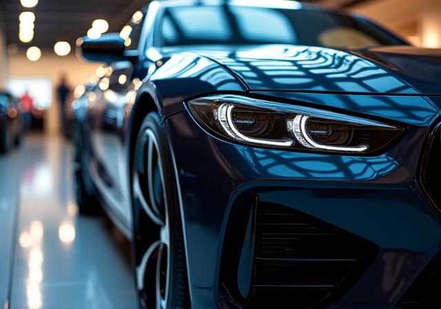 Fahrzeug mit Keramikbeschichtung unter Showroom-Lichtern