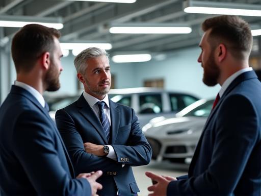 Kundenmeeting in der Werkstatt vor einem Luxusauto